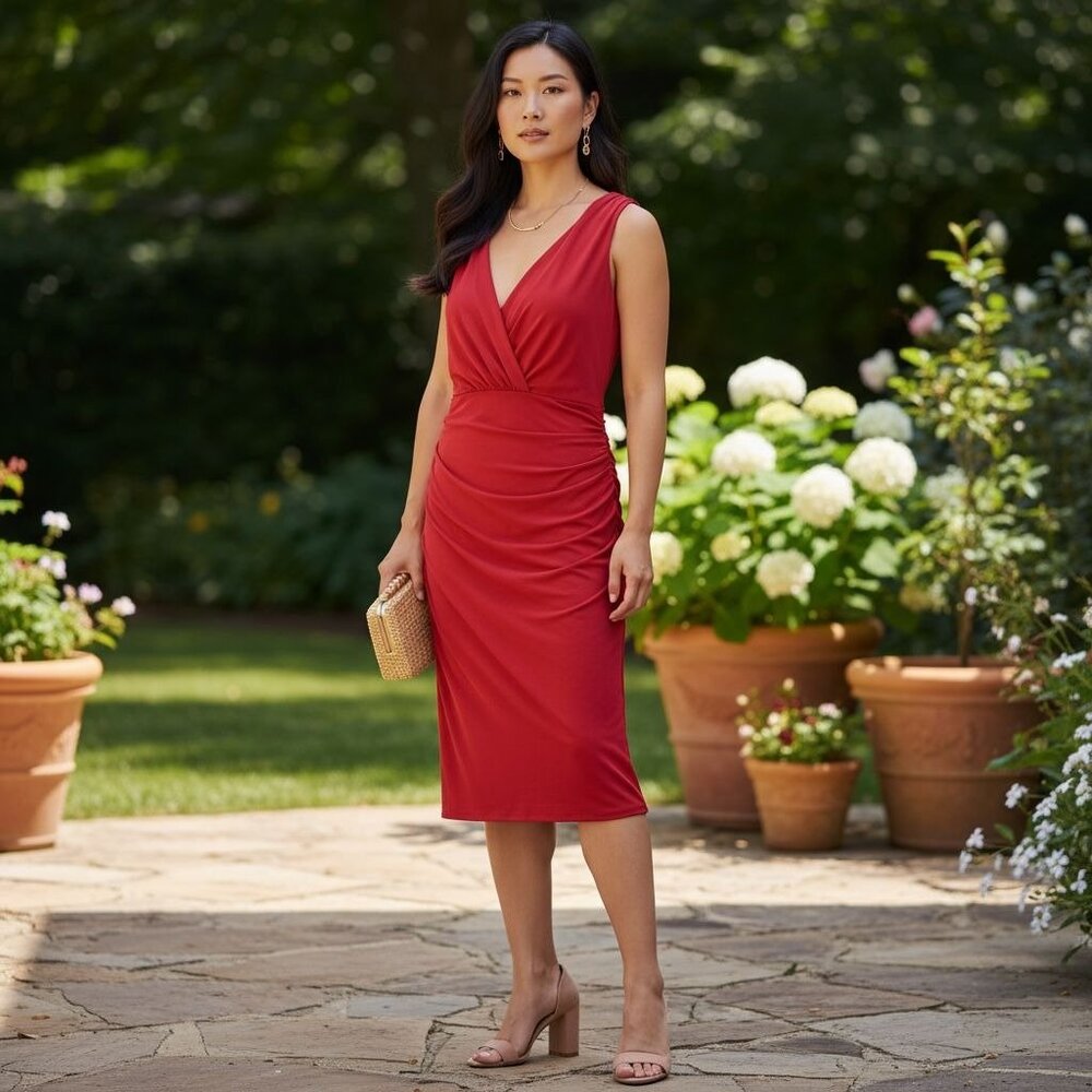 LAUREN Ralph Lauren Red Sleeveless Faux Wrap Ruched Sheath Dress Women's Sz 14